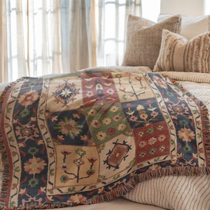 Caucasian Patchwork Bed Throw Blanket Floral Checkered Kilim Style, Anatolian Woven Textile, Cozy Layered Bedding Decor