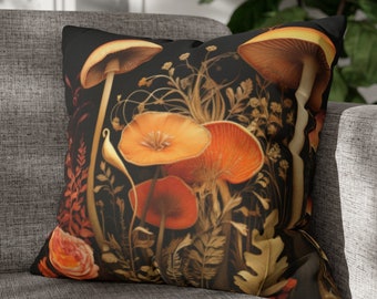 Cottagecore Woodland Mushrooms Square Pillow Case, Whimsical Boho Pillow Cover, Rustic Cottage Home Decor