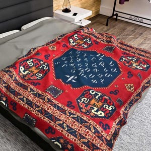 Blanket with Intricate Armenian Alphabet Design, Throw For Eclectic Taste, Boho Bedcover Charm, Velveteen Plush Blanket - Customizable