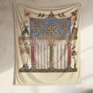 May include: A beige tapestry featuring a detailed, colourful illustration. The artwork depicts a central architectural design with blue, red, and gold accents, surrounded by text and decorative elements. Birds and floral motifs are also present.