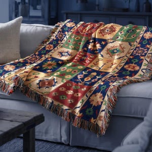 Checkered Floral Sofa Throw Blanket, Turkish Kilim Style Woven Cotton Couch Accent – Customizable