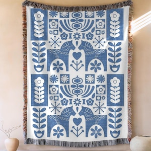 Blue Dala Horse Cotton Tapestry, Scandinavian Folk Art Throw Blanket, Nordic Bedding, Hygge Home Decor, Rustic Couch or Bed Accent