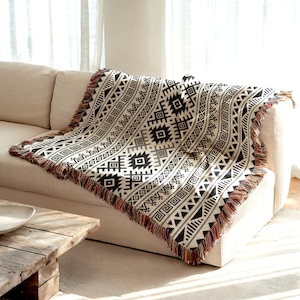 Ikat Throw Blanket, Tribal Living-room Decor, Aztec Inspired Couch throw, Ethnic Woven Blanket, Boho Chic Sofa Cover, Boho Housewarming Gift