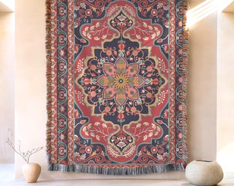 Oriental Design Cotton Throw, Oriental Pattern, Kashan Cover, Moorish Decor Gift, Middle Eastern Bedding - Customizable