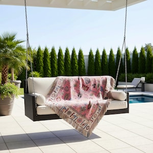 Pink Kilim Throw Blanket, Cotton Patio Couch Throw, Fringed Balcony Decor- Customizable