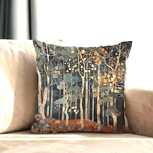 Art Deco Cushion Cover, Retro Style Pillow with Forest Design, Forestcore Pattern, Aubusson-Inspired Decor Pillowcase, Multiple Sizes