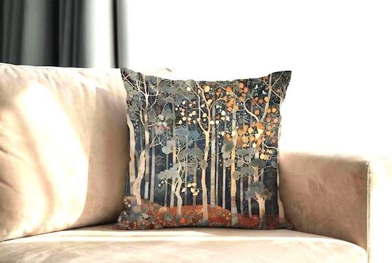 Decorative Cushion Art Deco Forest Design, Retro Colorful Forestcore Art Pillowcase, Two Sided Print Spun Polyester Pillow - Customizable