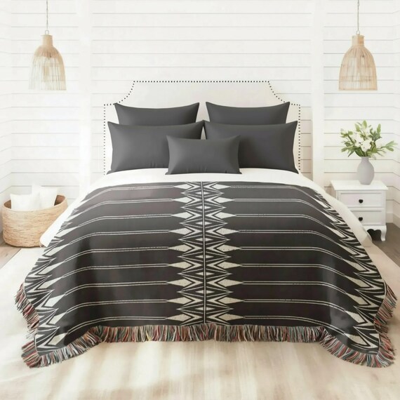Geometric Bedding Black White Throw, Textured Coverlet Cotton Bed Throw, Minimalist Bed End Accent for Modern Bedroom - Customizable