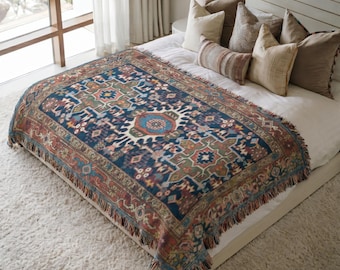 Manta de cama Kilim turca, tejido anatolio, decoración de dormitorio boho, acogedora manta de cama en capas, manta de cama estampada