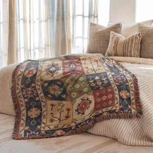 Anatolia Patchwork Bed Throw Blanket Floral Checkered Kilim Inspired Woven Textile for Layered Boho Bedroom Decor - Customizable