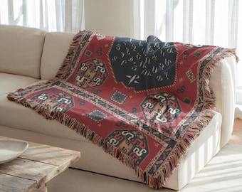 Armenian Alphabet Woven Blanket, Red Dark Blue Heritage Sofa Throw, Haykakan Home Decor Gift – Customizable