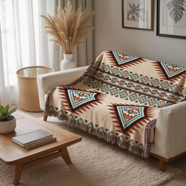 Southwestern Blanket Cotton Woven, Cozy Tribal Blanket Sofa Throw, Ethnic Style Blanket, Rustic Style Throw - Customizable