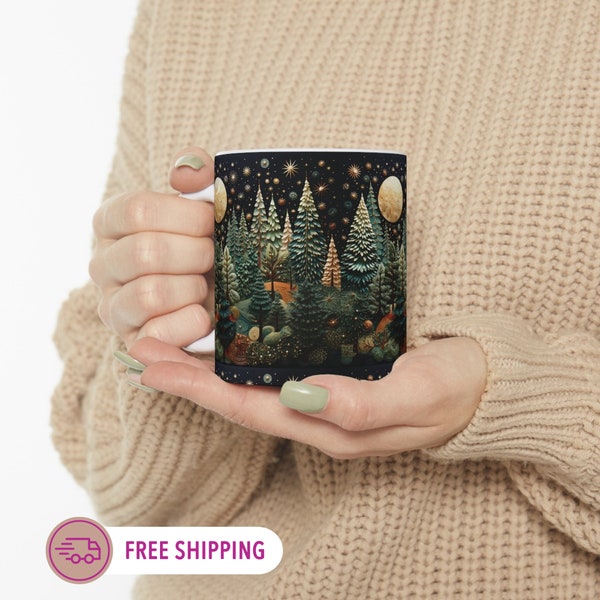 Moon and   Trees Landscape Mug Winter Decor Trees Coffee Cup Moon And Stars Hand Painted Porcelain Boho Chic Hot Chocolate Drinkware