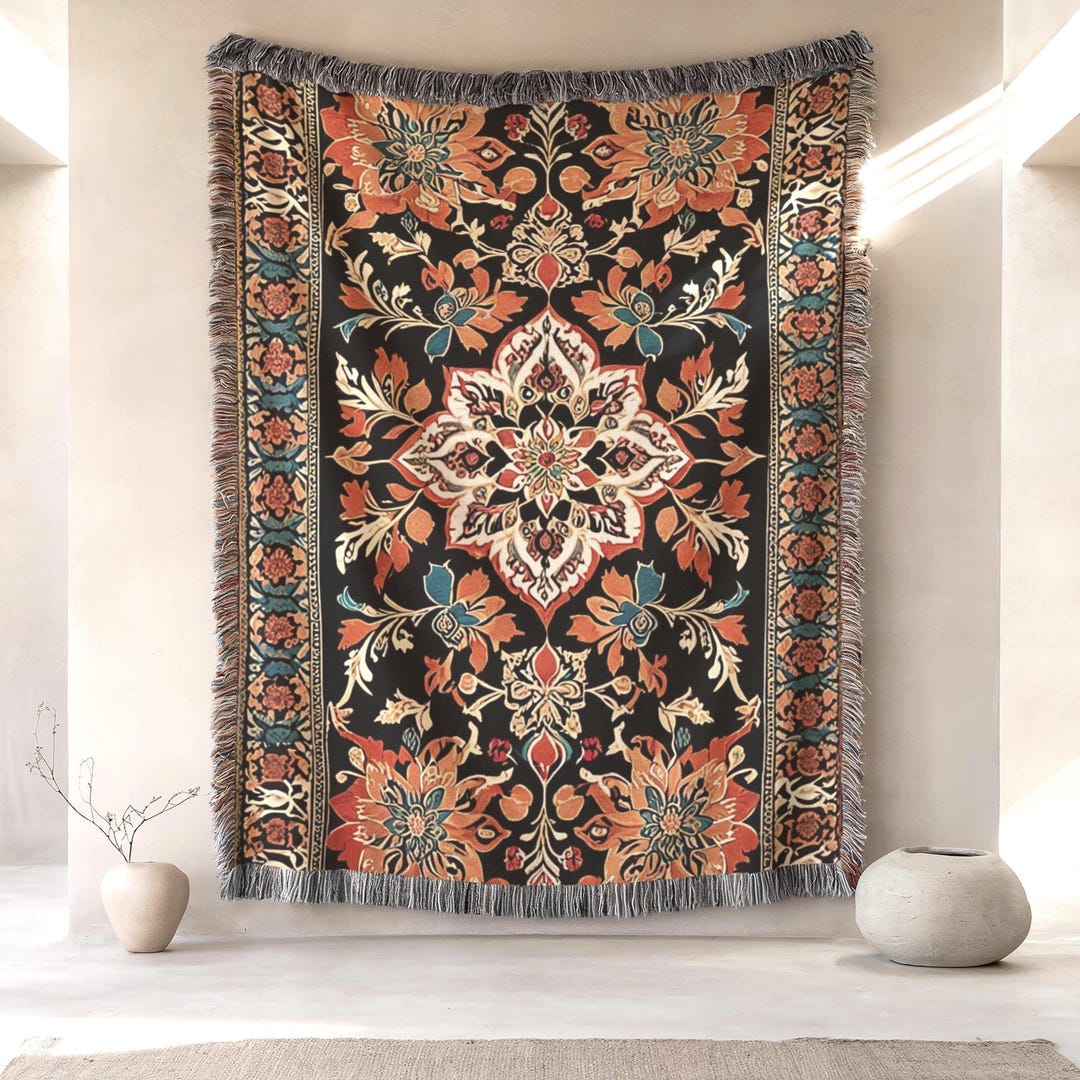Orange Black Oriental Woven Wall Tapestry Afghan Inspired Textile
