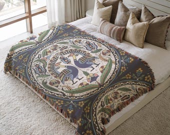 Traditional Armenian Peacocks, Trivet Pattern Bed Throw - Cotton Woven, Home Accent