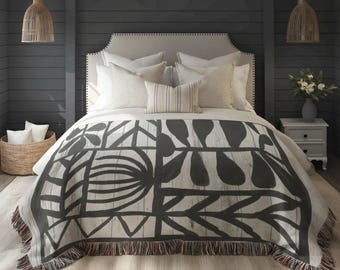 Woven Blanket Black and White Watercolor Geometric Design, Minimalist Modern Bed Throw, Cozy Lightweight Blanket - Customizable