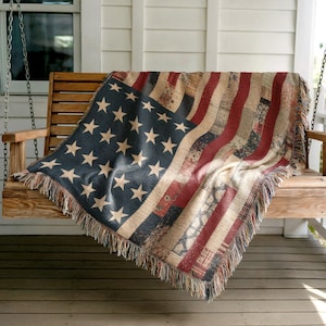 Americana Woven Throw Blanket Rustic Patchwork Couch Textile Vintage Flag Inspired Cabin Living Room Accent