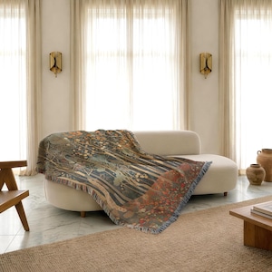 Art Nouveau Throw, Living Room Couch Blanket, Forest Pattern Blanket, Rococo Landscape Couch Blanket, Decorative Throw, Sofa Coverlet