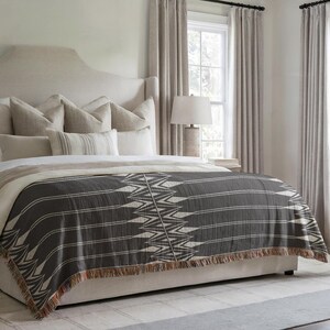 Minimalist Bedroom Decor - Cotton Bedding Throw Blanket - Black White Geometric Pattern, Woven, Cozy Layer