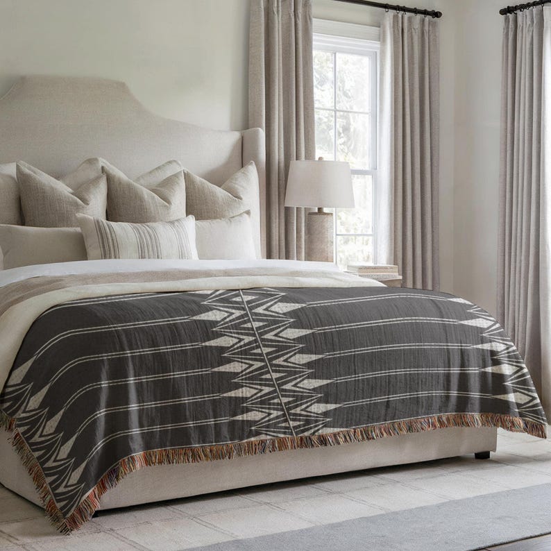 Minimalist Bedroom Decor - Cotton Bedding Throw Blanket - Black White Geometric Pattern, Woven, Cozy Layer