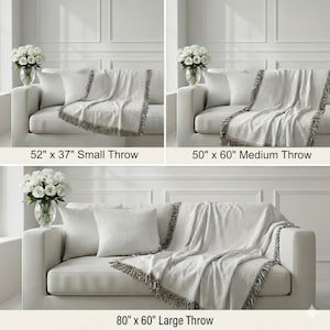 The image is a collage of three photos showing different sizes of throw blankets on a white couch. The first photo shows a small throw blanket, the second photo shows a medium throw blanket, and the third photo shows a large throw blanket.