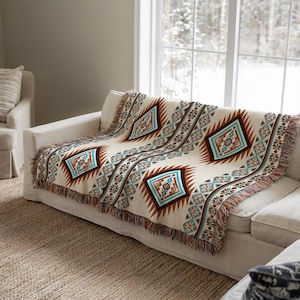 Southwest Native American Woven Blanket, Cozy Indian Throw Blanket, Brown Turquoise Tribal Tapestry, Rustic Navajo Print, Boho Home Decor