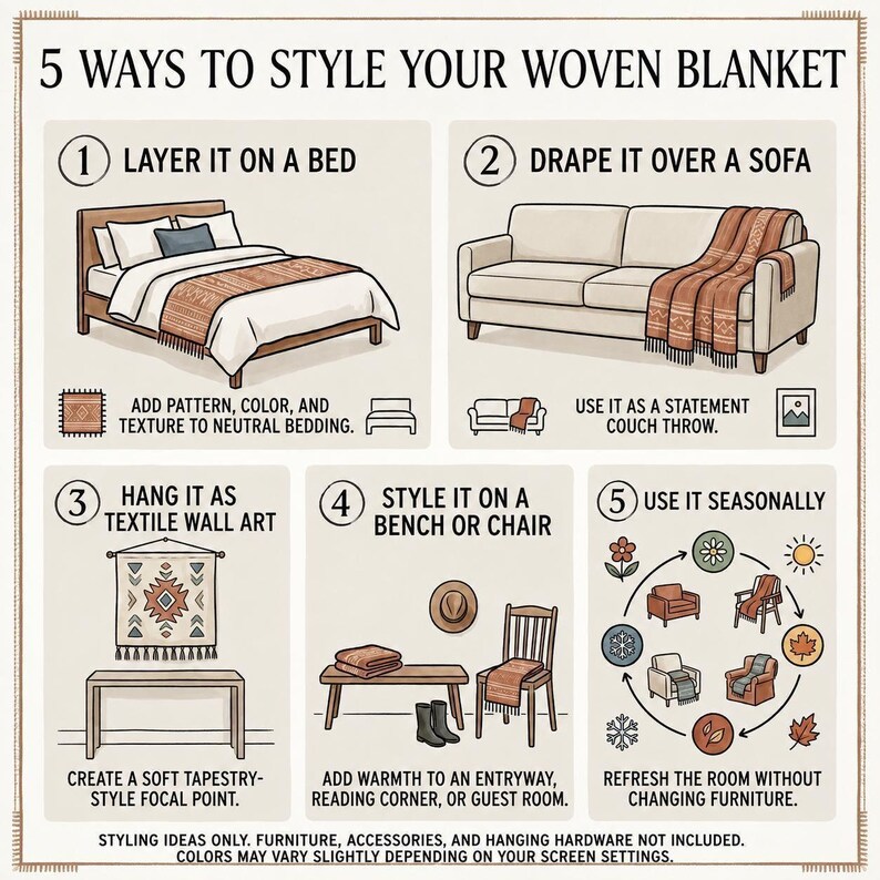 Five Ways to Style Your Woven Blanket guide illustrating use on a bed, sofa, wall, bench or chair, and in seasonal decor.