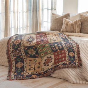 Caucasian Patchwork Bed Throw Blanket Floral Checkered Kilim Inspired Woven Textile for Layered Boho Bedroom Decor