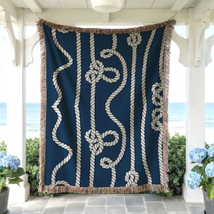 Marine Woven Blanket Nautical Cord Throw - Coastal Home Decor, Fringed Edge Blanket, Cotton Fabric, Beach Use - Customizable