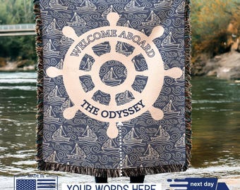 Custom Boat Name Blanket - Nautical Cotton Throw - Personalized Design, Fringed Edges, Beach House Decor Gift 3-6 - Customizable