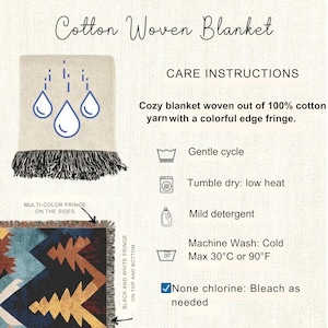 Cotton woven blanket care card with washing, drying and detergent instructions alongside close-ups of multicolored fringe and woven fabric.