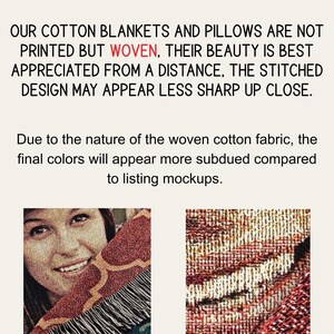 The image is a collage of two images, one depicting a woman's face and the other showing a close-up of a woven fabric. The text above the images states that the cotton blankets and pillows are not printed but woven, and their beauty is best appreciated from a distance, the stitched design may appear less sharp up close.