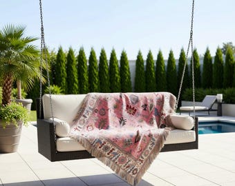 Pink Outdoor Throw Blanket Turkish Rug Style, Woven Patio Couch Throw, Boho Terrace Decor, Balcony Seating Accent