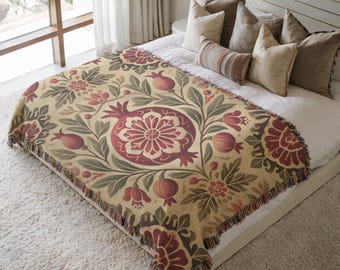 Armenian Pomegranate Woven Blanket: Traditional Folk Art Throw, Colorful Fringe Edges | Cotton Fabric, Textured Weave | 3 Sizes