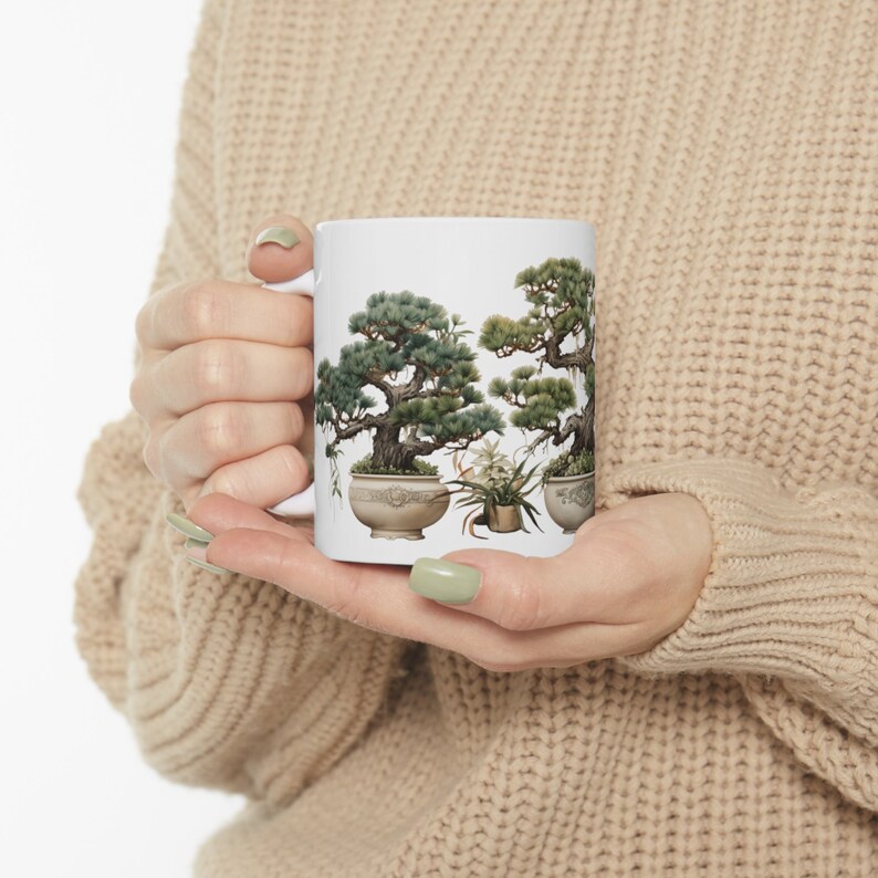 Pine Trees and Orchids Bonsai Design on White Coffee Mug Nature Lover's