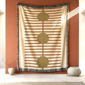 Woven Blanket Throw - Midcentury Modern Couch Accent - Rust Stripes Green Dot Pattern, Cotton, Cozy Home Decor
