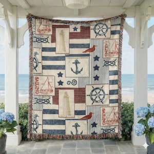 Coastal Throw Blanket, Nautical Patchwork Woven Cotton Blanket, Maritime Seaside Decor for Beach House Sofa