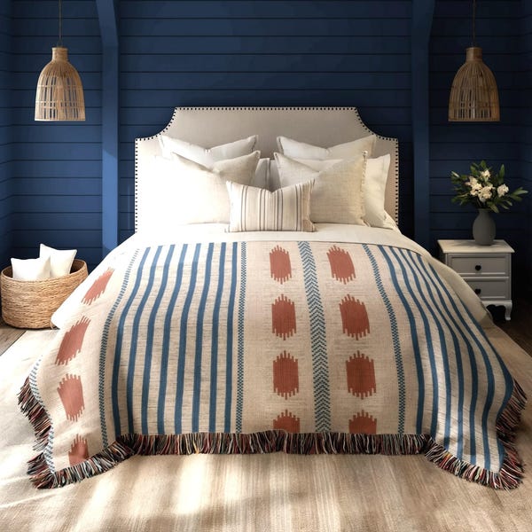 Plaid en coton à rayures bleues et motifs géométriques à pois rouges, couverture tissée légère pour la chambre - Personnalisable