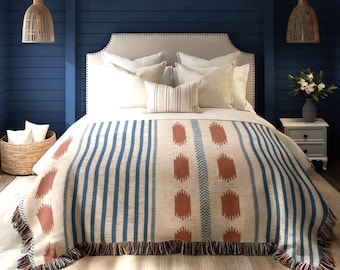 Blue Striped Cotton Throw Blanket with Red Dot Geometric Pattern, Lightweight Woven Blanket for Sofa, Bedroom & Porch Decor