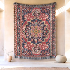 Oriental Design Cotton Throw Blanket, Oriental Pattern Picnic Throw, Kashan Couch Blanket, Moorish Decor Gift, Middle Eastern Print Bedding