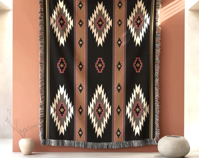 Southwestern Geometric Wall Tapestry, Brown Black Woven Cotton Textile Art – Customizable