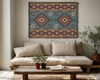 Southwestern Geometric Wall Hanging, Woven Diamond Pattern Tapestry in Sage & Terracotta - Customizable