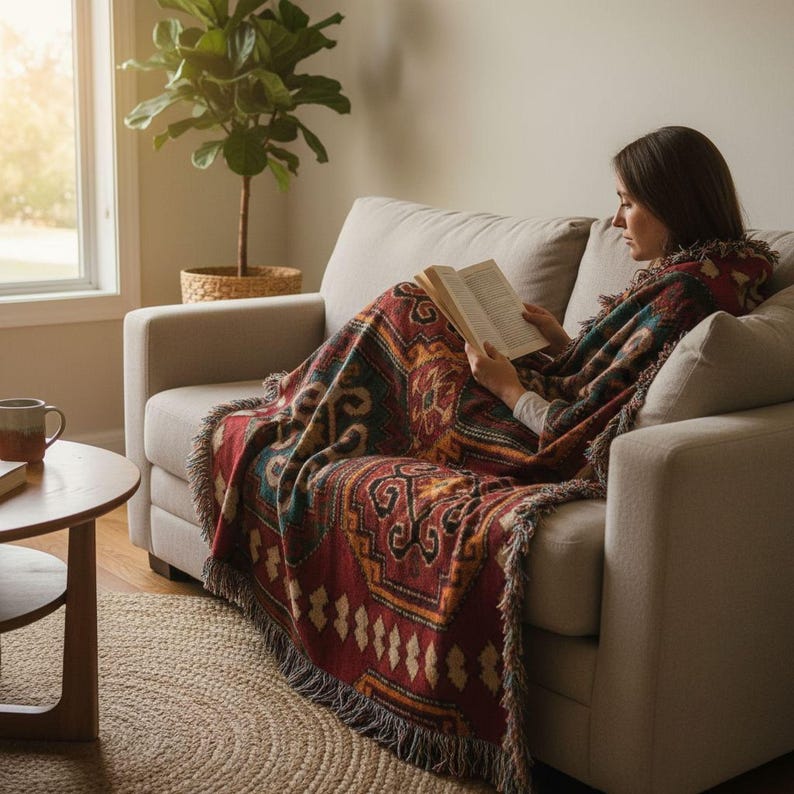 A woman is sitting on a couch, wrapped in a colorful blanket and reading a book.