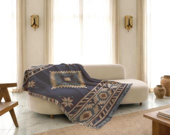 Cabin Sofa Blanket, Tribal Geometric Navy Throw, Woven Couch Cover Boho, Southwest Couch Art, Desert Style Decor - Customizable
