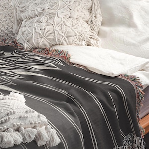 Minimalist Bedroom Decor - Cotton Bedding Throw Blanket - Black White Geometric Pattern, Woven, Cozy Layer