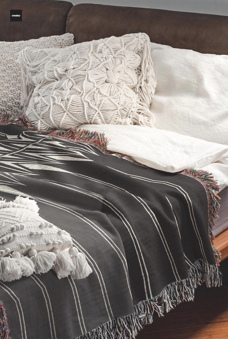 Minimalist Bedroom Decor - Cotton Bedding Throw Blanket - Black White Geometric Pattern, Woven, Cozy Layer