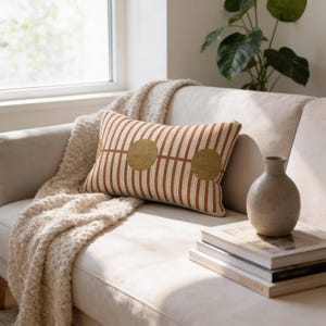 Modern Lumbar Minimal Pillow, Line Dot Pattern Woven Cushion, Neutral Sofa Decor Couch Accent, Textured Pillow Modern Home Accent