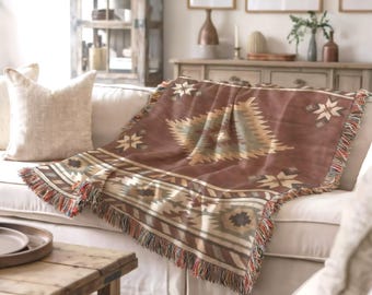 Southwestern Woven Throw Blanket, Rustic Western Geometric Couch Blanket, Earth Tone Boho Sofa Tapestry for Cabin Decor - Customizable