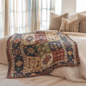 Anatolia Patchwork Bed Throw Blanket Floral Checkered Kilim Inspired Woven Textile for Layered Boho Bedroom Decor - Customizable