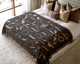 Armenian Alphabet Gold On Black Blanket: Cultural Literacy Textile, Woven Cotton (Fringed Edges, 3 Sizes)